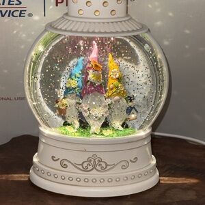 Charming White Lantern with Colorful Gnomes snow globe LIGHTS UP